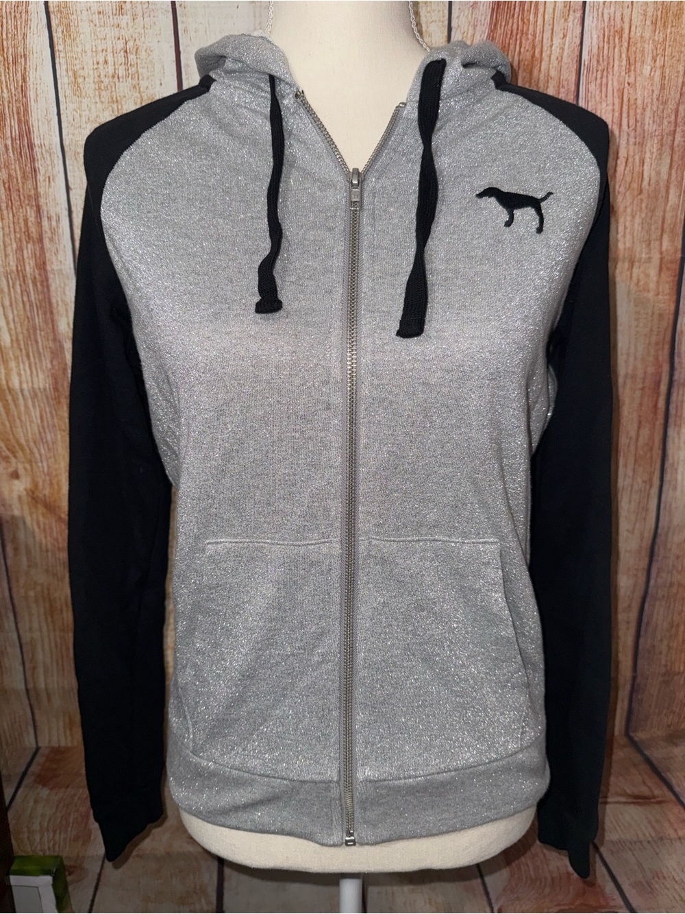 PINK Victoria's Secret Silver Black Hooded Zip-Up Jacket size Small